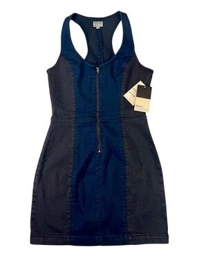 RVCA Two-Tone Dark Blue Gray Denim Racerback Cut Out Zip Dress